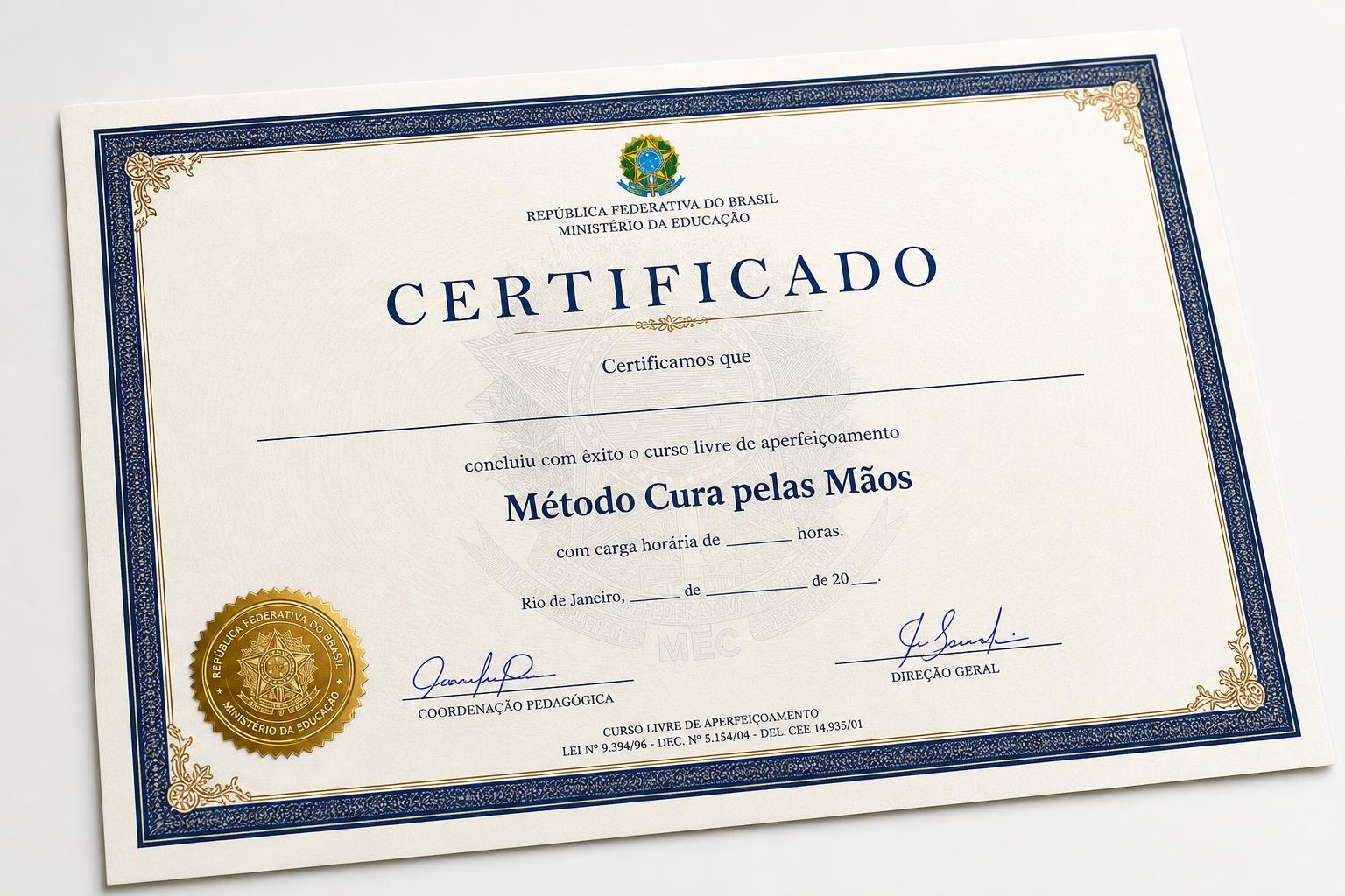 Certificado oficial do Método Cura pelas Mãos reconhecido pelo MEC