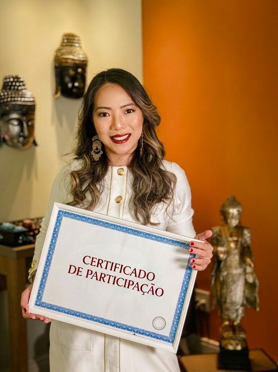 Aluna recebendo o certificado de Formação em Massoterapia pelo Método Natália Tanaka